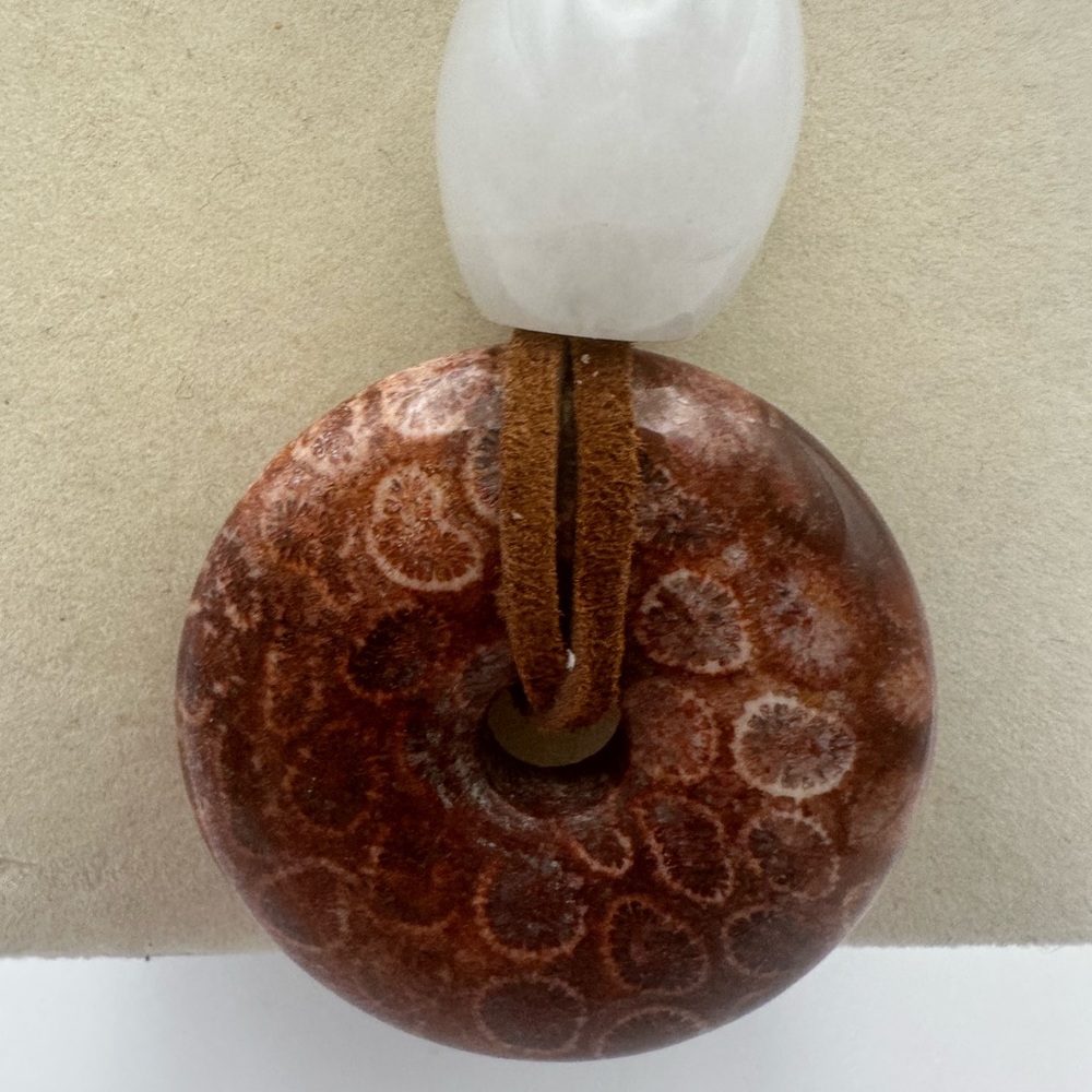 Coral Fossil Jade Donut Pendant Necklace - Picture 4 of 9
